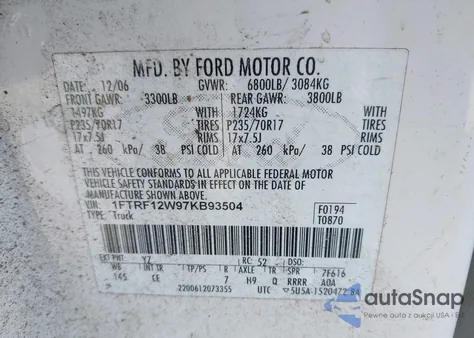 2007 Ford F-150 Stx/Xl/Xlt из США, поврежденный, VIN 1FTRF12W97KB93504